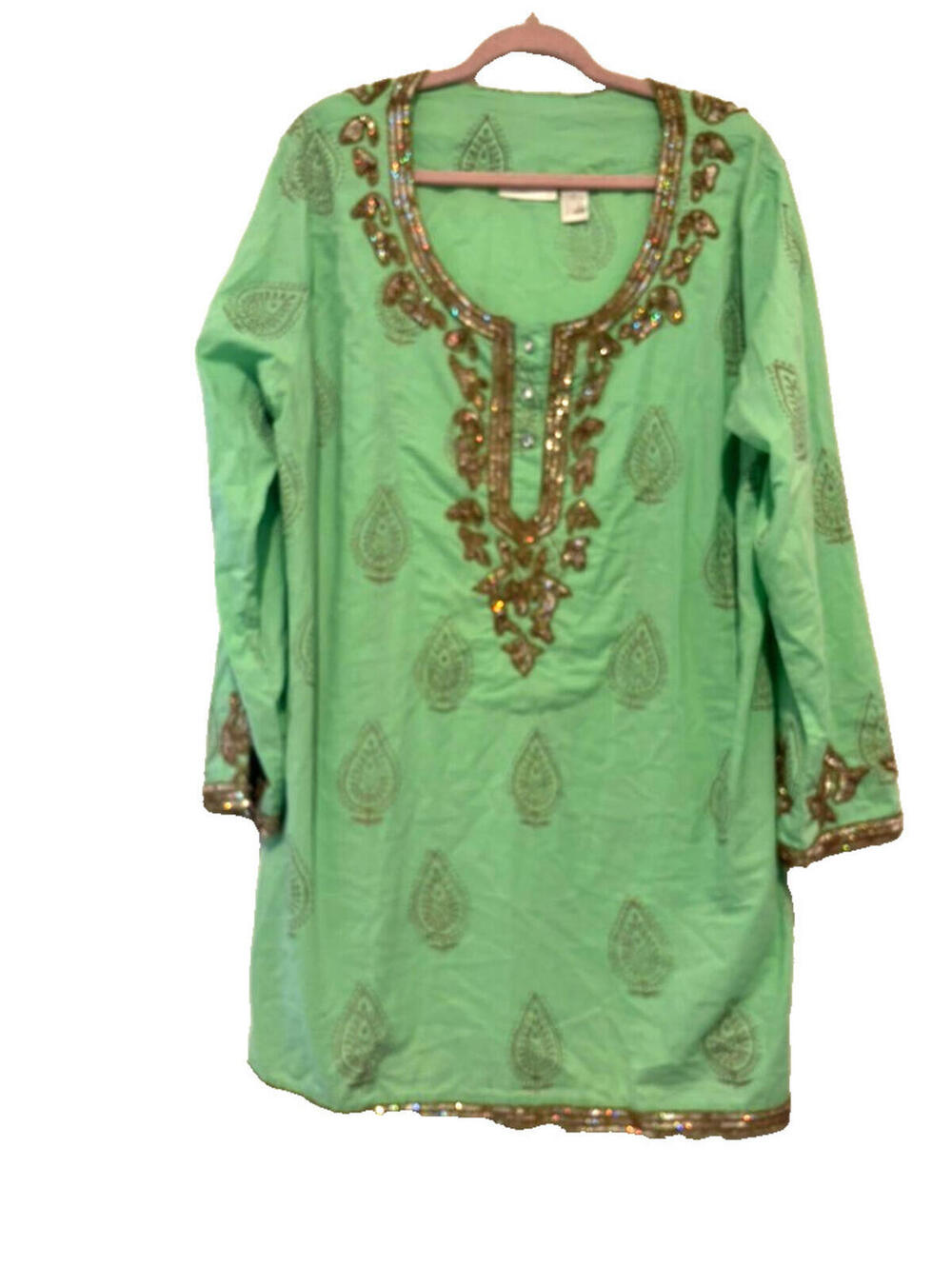 Soft Surroundings sz 1X green cotton gold sequins V neck tunic blouse #3511